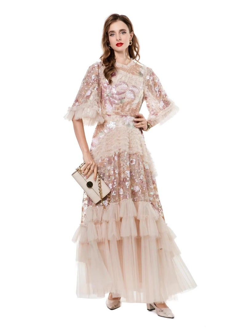 2025 Summer French Light Luxury Style Round Neck Heavy Beaded Sequin Ruffle Mesh Puffy Long Dress - Image 5