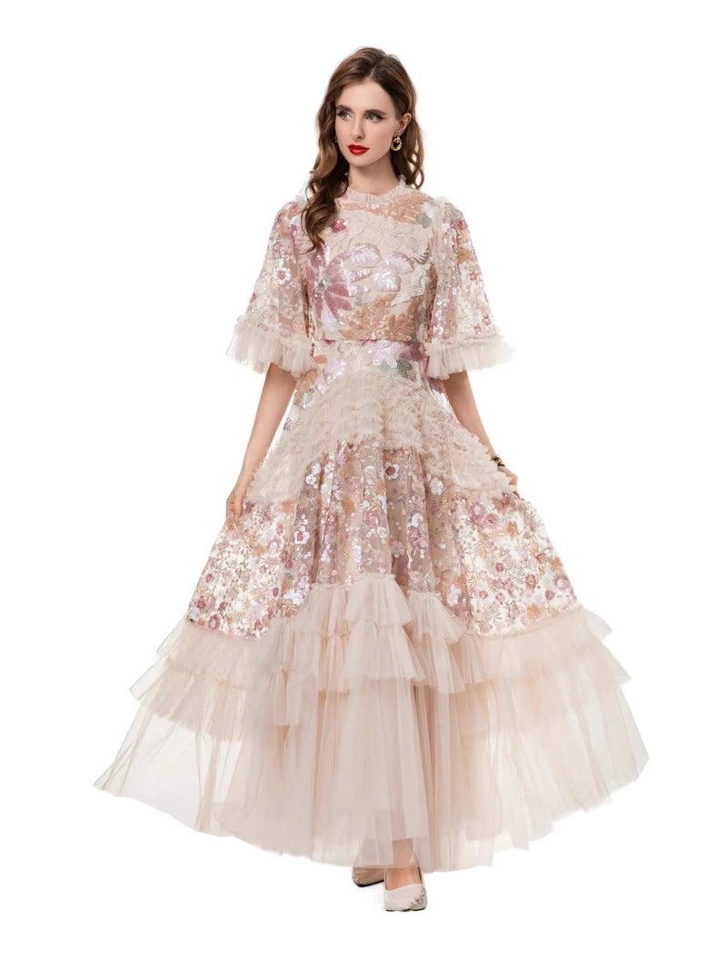 2025 Summer French Light Luxury Style Round Neck Heavy Beaded Sequin Ruffle Mesh Puffy Long Dress - Image 3