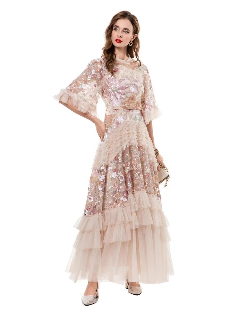 2025 Summer French Light Luxury Style Round Neck Heavy Beaded Sequin Ruffle Mesh Puffy Long Dress - Image 4