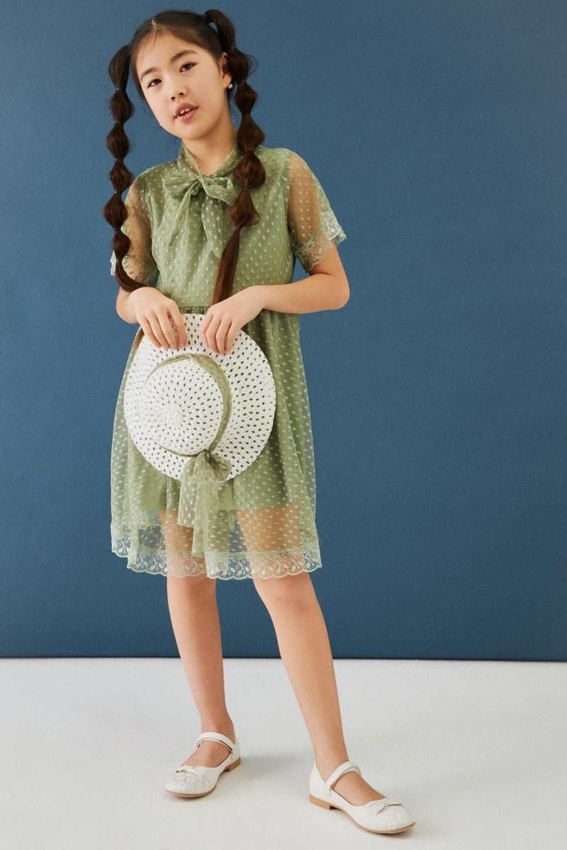 Perendi Girl's Dress with Hat and Stewardess Collar Detail  - Image 1
