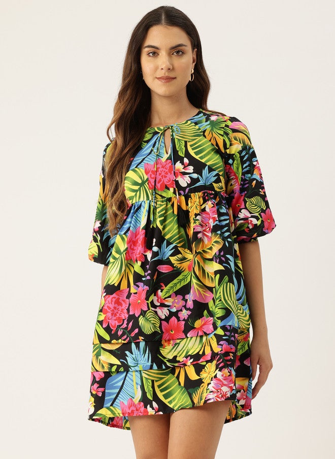 Rue Collection فستان ميني مزين بطبعة استوائية للنساء - Image 1