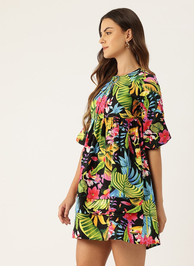 Rue Collection فستان ميني مزين بطبعة استوائية للنساء - Image 3