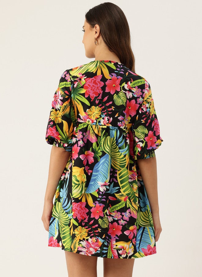 Rue Collection فستان ميني مزين بطبعة استوائية للنساء - Image 4