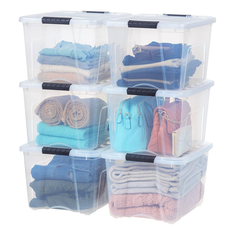 IRIS USA 40 Qt Stackable Plastic Storage Bins with Lids 6 Pack  BPAFree Made in USA  SeeThrough Organizing Solution Latches Durable Nestable Containers Secure Pull Handle  Clear
