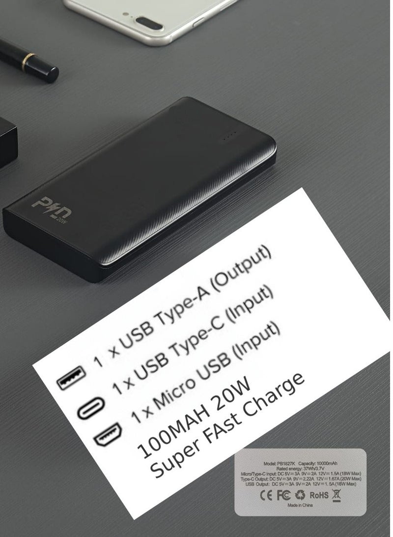 راكسوم باور بانك بتقنية الشحن عالي السرعة بقدرة 10000 مللي أمبير في الساعة وبقوة 20 وات وباور بانك للشحن السريع للغاية باللون الأسود - Image 2