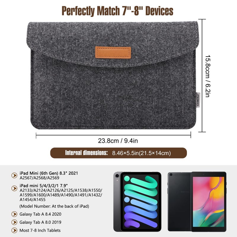 MoKo 7-8 Inch Sleeve Bag, Portable Carrying Protective Felt Tablet Case Cover Fits with iPad Mini (A17 Pro) 8.3" 2024, iPad Mini 6/5/4/3/2/1, Galaxy Tab S2 8.0, Tab A 8.0, ZenPad Z8s 7.9,Dark Gray - Image 2