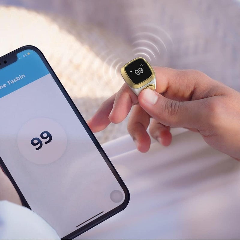 SHOWAY Smart Tasbih Zikr Ring, Muslim Prayer, Prayer timing reminder, OLED display, Tasbih Counter, Smart Ring, Wearable Technology, Waterproof White 18mm, E0118WH, USB - Image 3