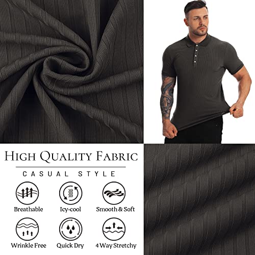 CANGHPGIN Collared Muscle Polo Shirts Men Slim Fit Textured Knit Polo Shirts Short Sleeve Button Down Shirts Casual Stylish Black - Image 5