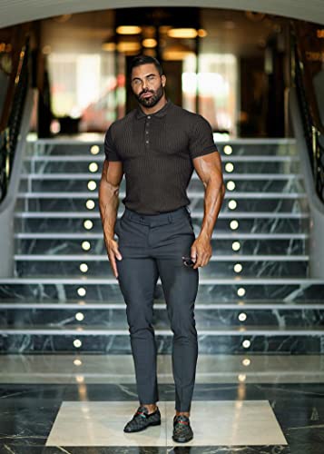CANGHPGIN Collared Muscle Polo Shirts Men Slim Fit Textured Knit Polo Shirts Short Sleeve Button Down Shirts Casual Stylish Black - Image 4