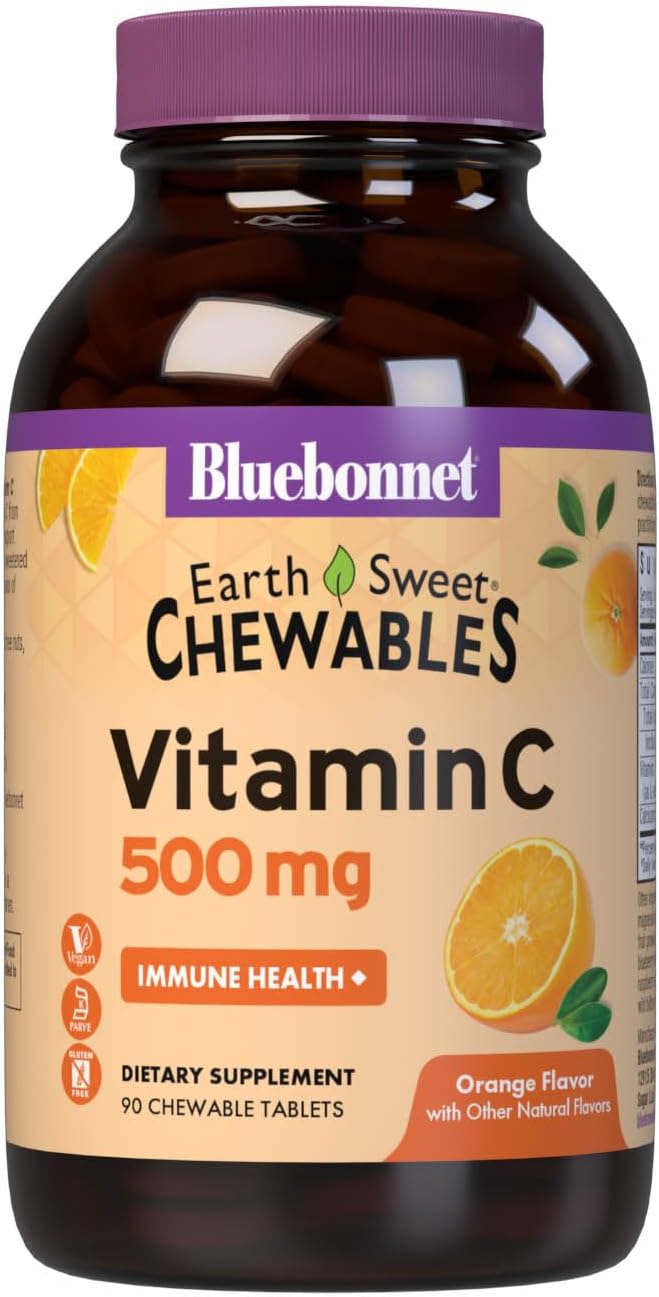 Bluebonnet Nutrition EarthSweet Vitamin C 500 mg Powerful Antioxidant Protection  Immune Health Support Supplement  Maximum Absorption  GlutenFree Vegan  Flavor  Chewable Tablets Orange 90 Count Pack of 1 - Image 1