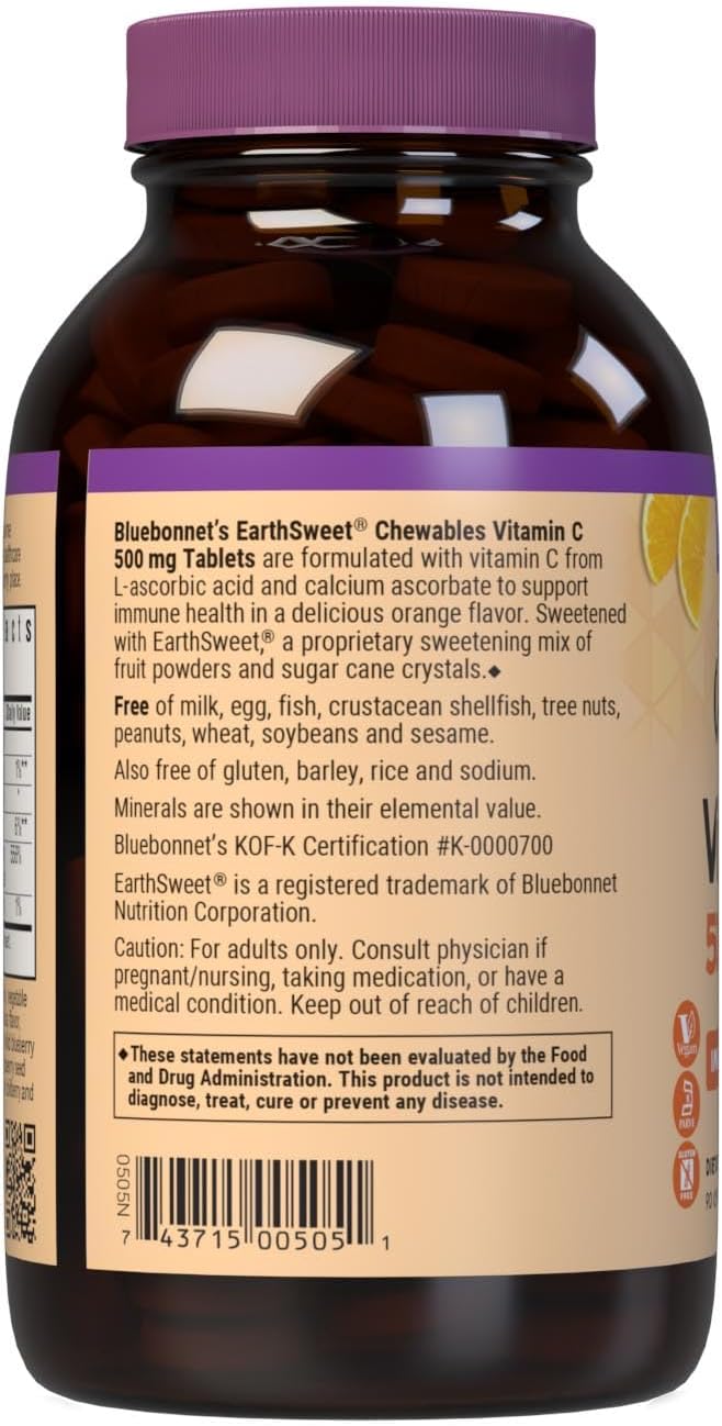 Bluebonnet Nutrition EarthSweet Vitamin C 500 mg Powerful Antioxidant Protection  Immune Health Support Supplement  Maximum Absorption  GlutenFree Vegan  Flavor  Chewable Tablets Orange 90 Count Pack of 1 - Image 3