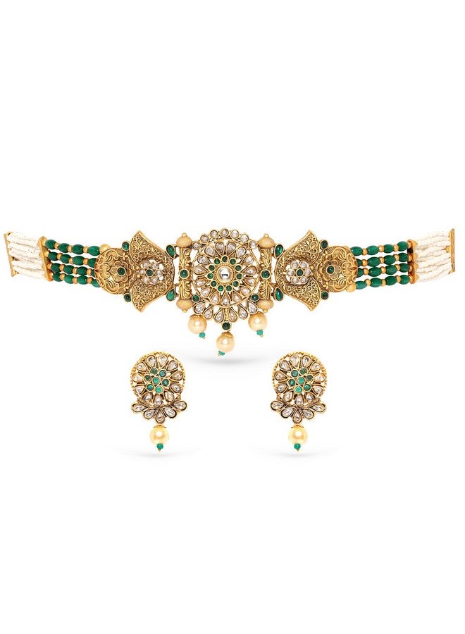 Rubans Gold-Plated Emeral Kundan Stone-Studded Pearl Beaded Choker Jewellery Set For Women - Image 1