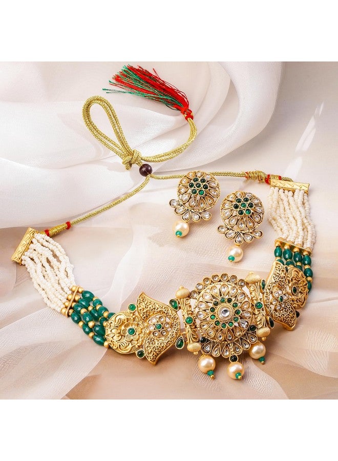 Rubans Gold-Plated Emeral Kundan Stone-Studded Pearl Beaded Choker Jewellery Set For Women - Image 2