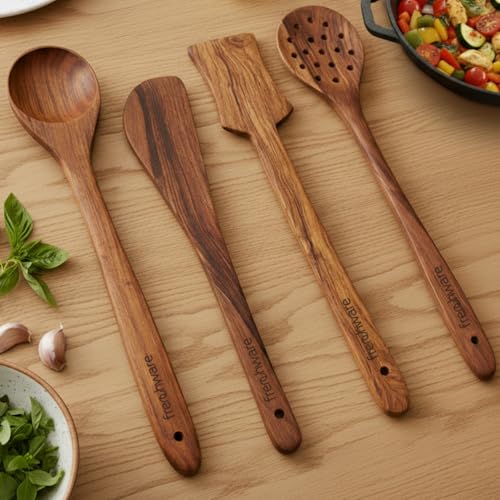 Frenchware (Set of 4, Brown) Pure Sheesham Wood Spoons and Spatula for Non Stick Cookware Used for Cooking, Baking & Mixing, Seamless Design - Image 1