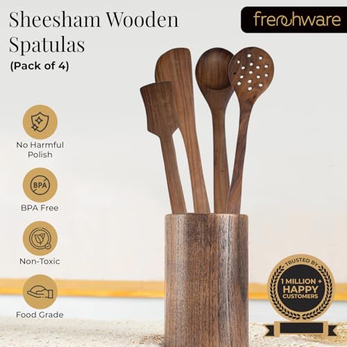 Frenchware (Set of 4, Brown) Pure Sheesham Wood Spoons and Spatula for Non Stick Cookware Used for Cooking, Baking & Mixing, Seamless Design - Image 2