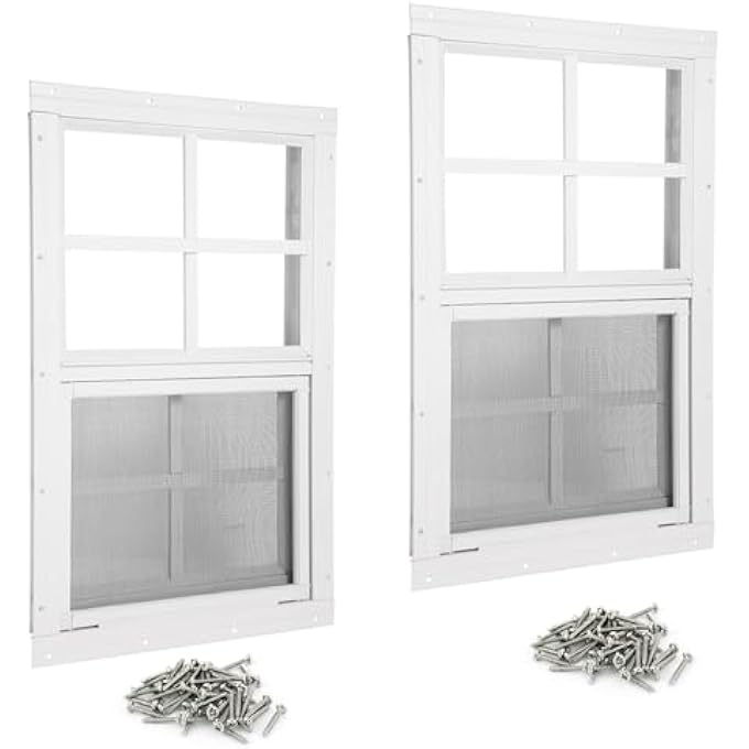 Shed Windows 2 Pack 24" W X 27" H Flush Mount White Window With Tempered Glass And Fiberglass Screen,Sliding Windows With Vertical Slider And Screws For Sheds,Chicken Coop, Playhouse Garbage Room