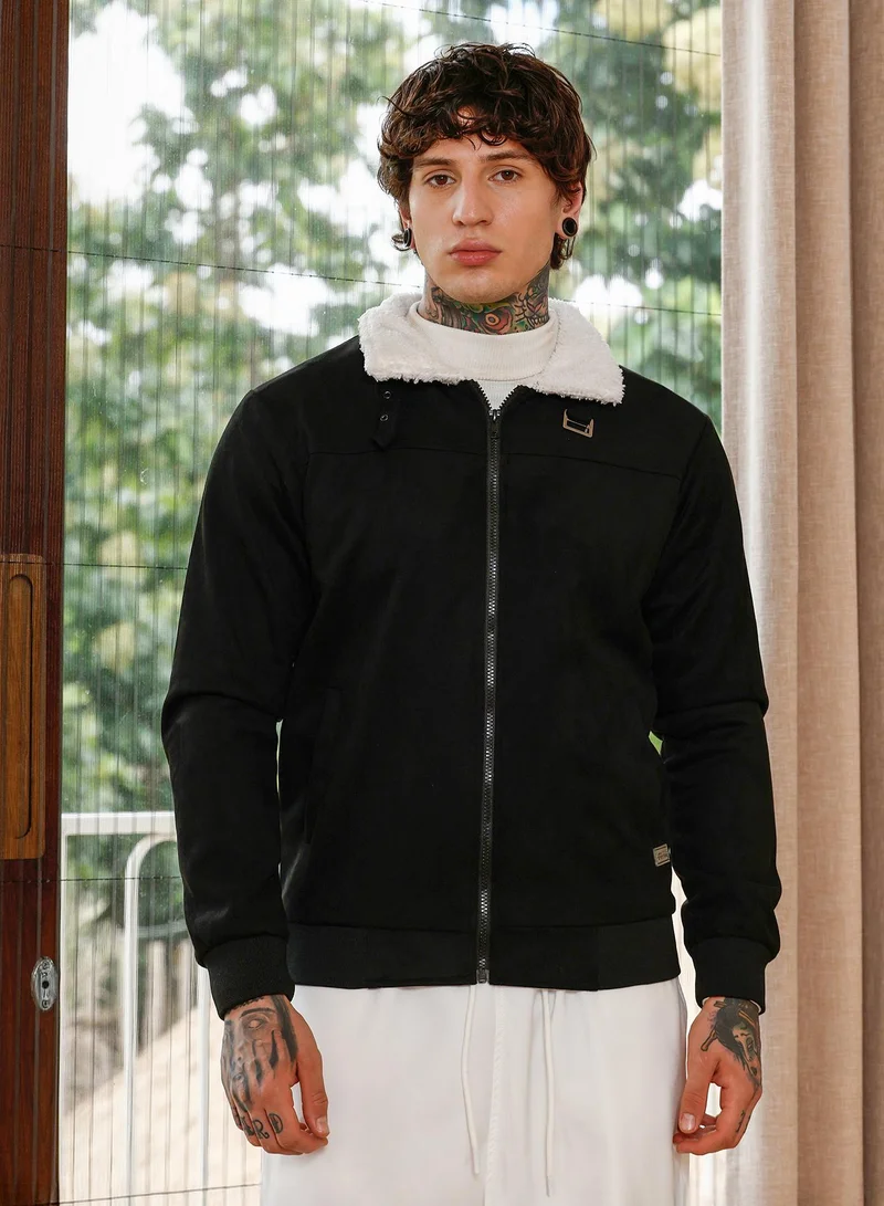 Campus Sutra Men's Contrast Sherpa-Lined Suede Bomber Jacket | Point Collar , Long Ribbed Cuff Sleeves , Zipper Closure , Ribbed-Straight Hem | Solid Woven Textured For Casual & Daily | Raven Black