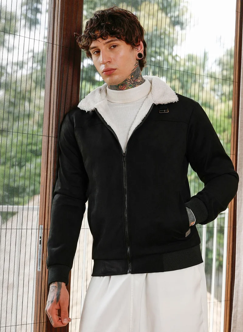 Campus Sutra Men's Contrast Sherpa-Lined Suede Bomber Jacket | Point Collar , Long Ribbed Cuff Sleeves , Zipper Closure , Ribbed-Straight Hem | Solid Woven Textured For Casual & Daily | Raven Black