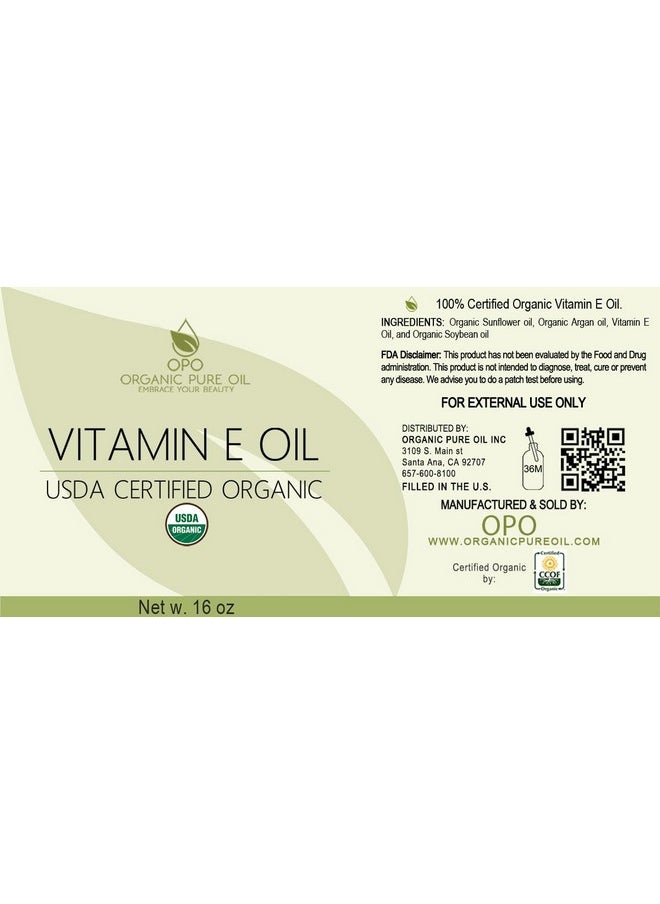 OPO - Vitamin E Oil Organic Usda Certified Organic 43000 Iu 100% Natural Vegan Crueltyfree Bulk Extra Strength For Face Skin Hair Body Eyelashes Locs Nails Moisturizer Diy Cream Lotion (16 Oz.) - Image 1