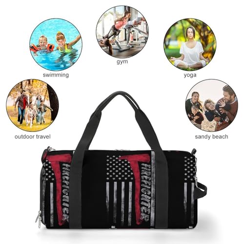NELife America Flag Firefighter Sport Gym Duffle Travel Bag with Shoe Compartment,Wet Pocket for Men and Women - Image 3