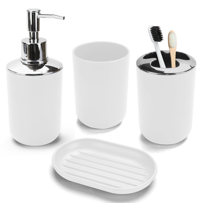 CDorigin 4 Pcs Plastic Bathroom Set Include Soap Dispenser, Soap Dish, Toothbrush Holder, Mouthwash Cup, Modern Bahtroom Décor Set（White） - Image 1