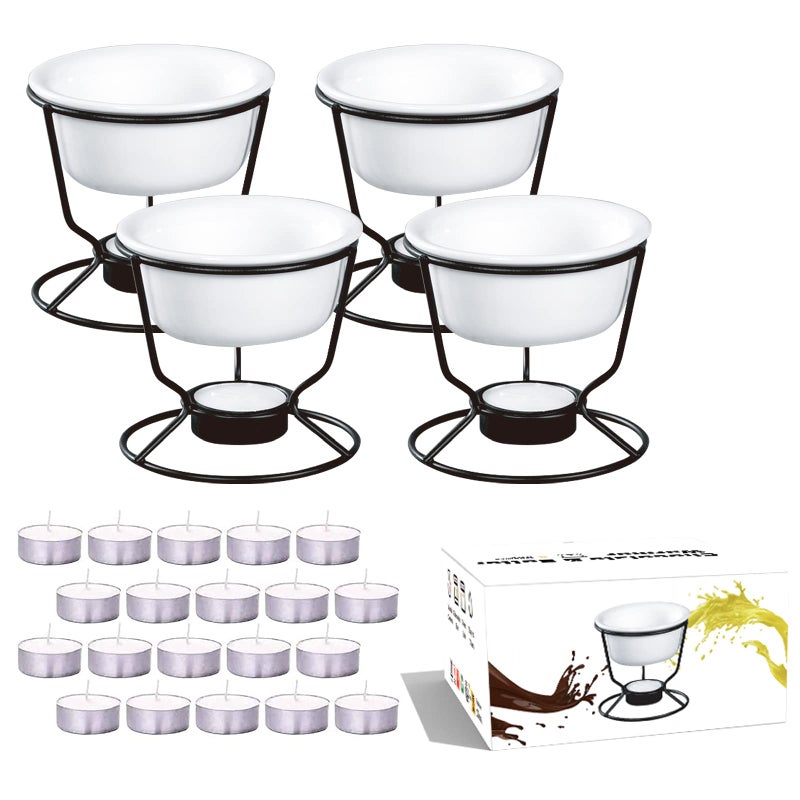 Luvan Luvan 4Pcs Fondue Pot Set for Chocolate Butter Cheese 5oz Butter Warmer for Seafood with 20 Tealight Ceramic Bowl Oven Microware Dishwasher SafePerfect for family dip FruitDessertSnack 
