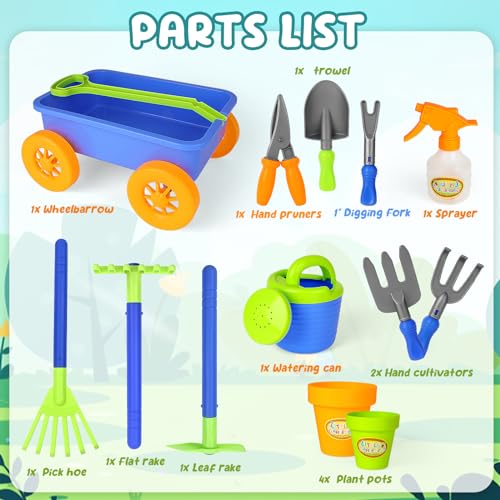 deAO Kids Garden Wagon Wheelbarrow and Gardening Tools Play Set Includes 10 Accessories and 4 Plant Pots,Great Outdoor Toddler Toys Kids Gardening Set - Image 2