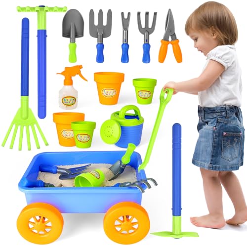 deAO Kids Garden Wagon Wheelbarrow and Gardening Tools Play Set Includes 10 Accessories and 4 Plant Pots,Great Outdoor Toddler Toys Kids Gardening Set - Image 1