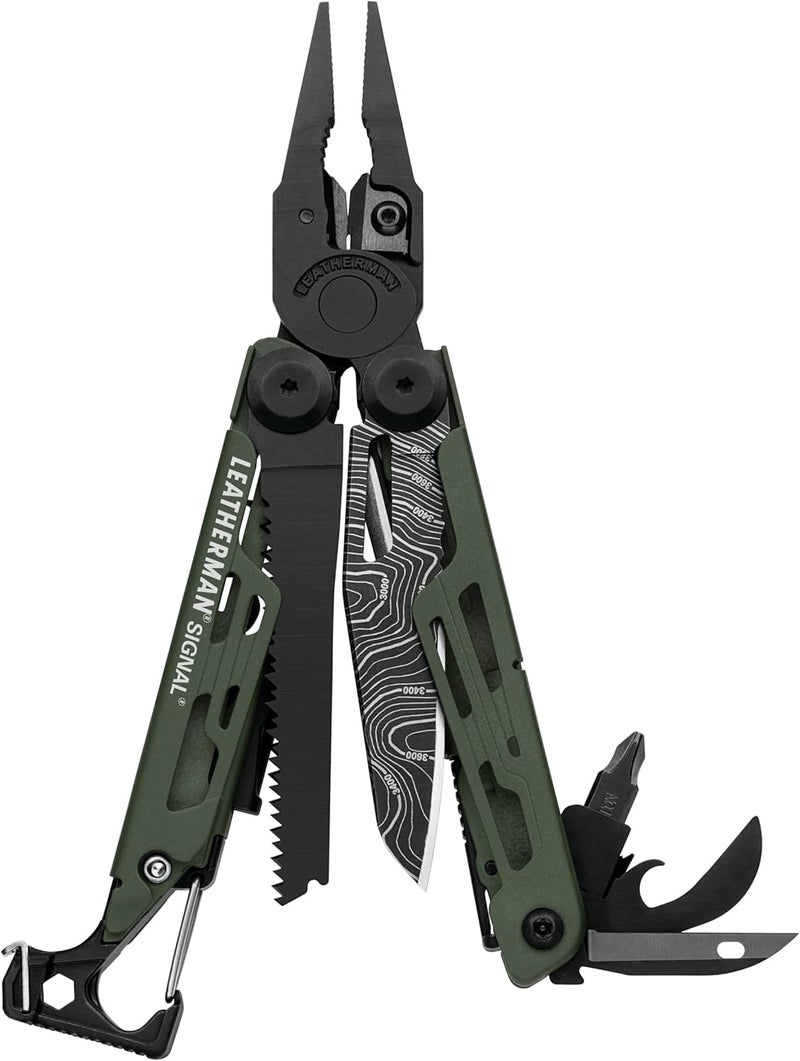 LEATHERMAN ليذرمان، سيجنال، أداة متعددة الاستخدامات 19 في 1 للأنشطة الخارجية، التخييم، المشي، الصيد، البقاء، متينة وخفيفة الوزن، مصنوعة في الولايات المتحدة الأمريكية، طباعة طبوغرافية - Image 1