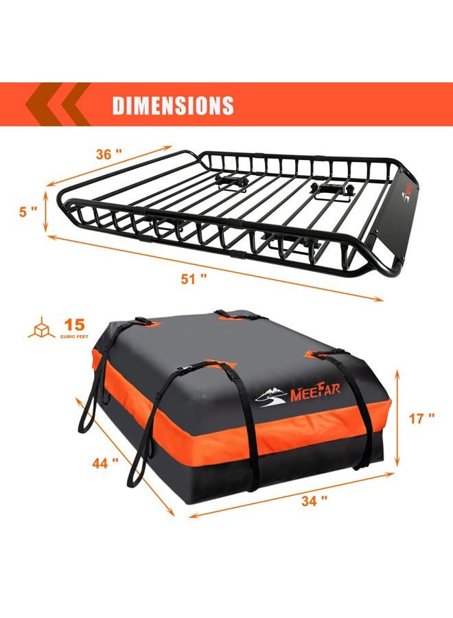 MeeFar Roof Rack Carrier Basket Universal Rooftop Cargo Carrier Basket 51" X 36" X 5" + Waterproof Cargo Bag 15 Cubic Feet (44" 34" 17"), and Cargo Net with Attachment Hooks, Ratchet Straps - Image 4