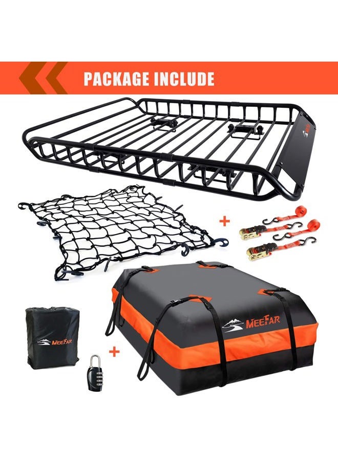 MeeFar Roof Rack Carrier Basket Universal Rooftop Cargo Carrier Basket 51" X 36" X 5" + Waterproof Cargo Bag 15 Cubic Feet (44" 34" 17"), and Cargo Net with Attachment Hooks, Ratchet Straps - Image 2