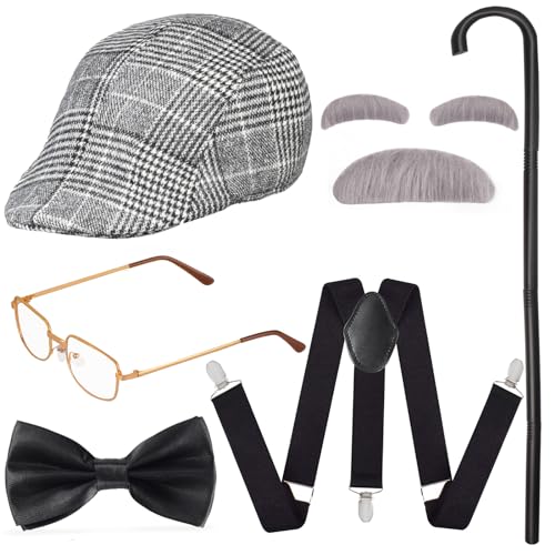 Yewong 1920s Mens Gatsby Gangster Costume Old Man Fancy Dress Costume Grandpa Accessories Set with Newsboy Hat (Grey Hat) - Image 1