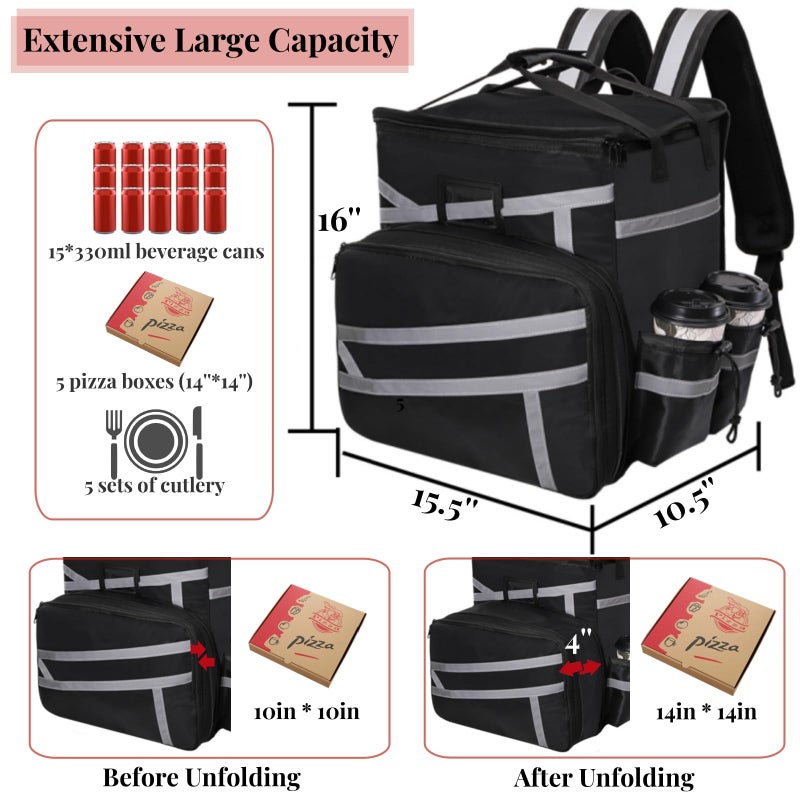 ZAVOOS Food Delivery Backpack, Expandable Insulated Pizza Bag with 4 Cup Holders, Large Waterproof Catering Bag with Reflective Strip Support Boards for Delivery Bike, Doordash - Image 2