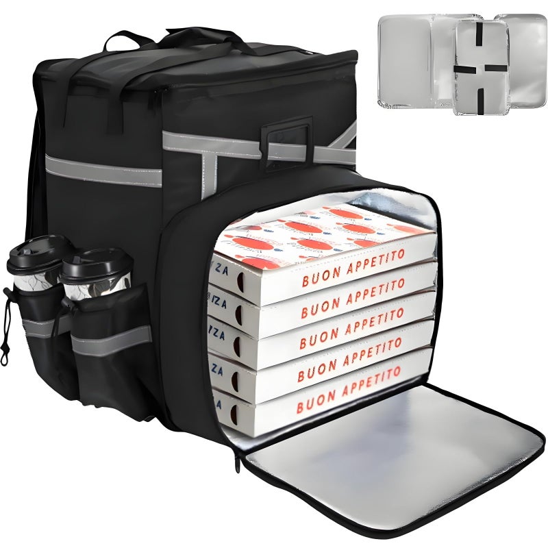 ZAVOOS Food Delivery Backpack, Expandable Insulated Pizza Bag with 4 Cup Holders, Large Waterproof Catering Bag with Reflective Strip Support Boards for Delivery Bike, Doordash - Image 1