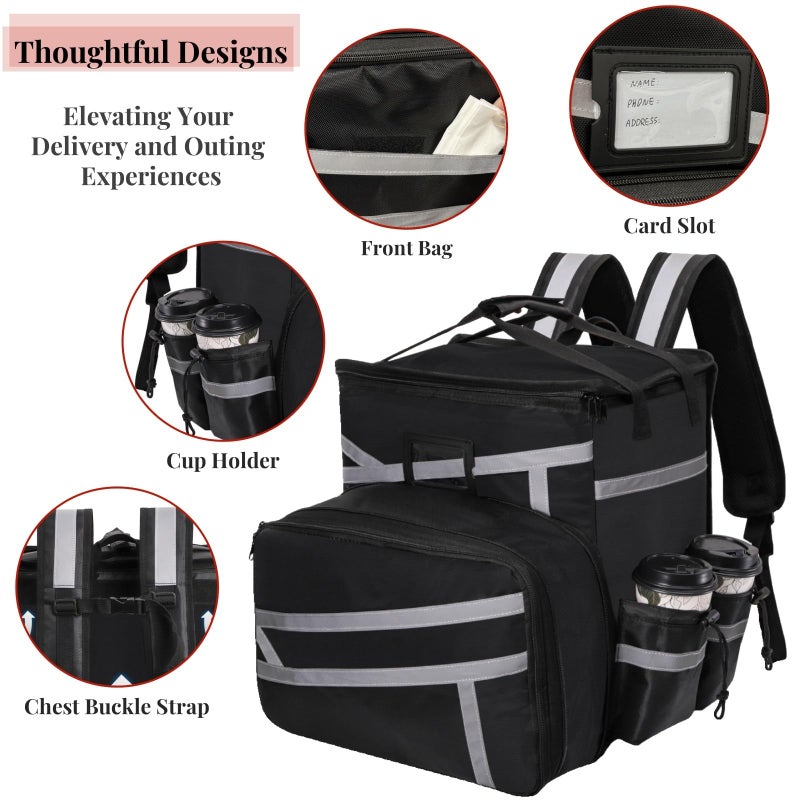ZAVOOS Food Delivery Backpack, Expandable Insulated Pizza Bag with 4 Cup Holders, Large Waterproof Catering Bag with Reflective Strip Support Boards for Delivery Bike, Doordash - Image 3