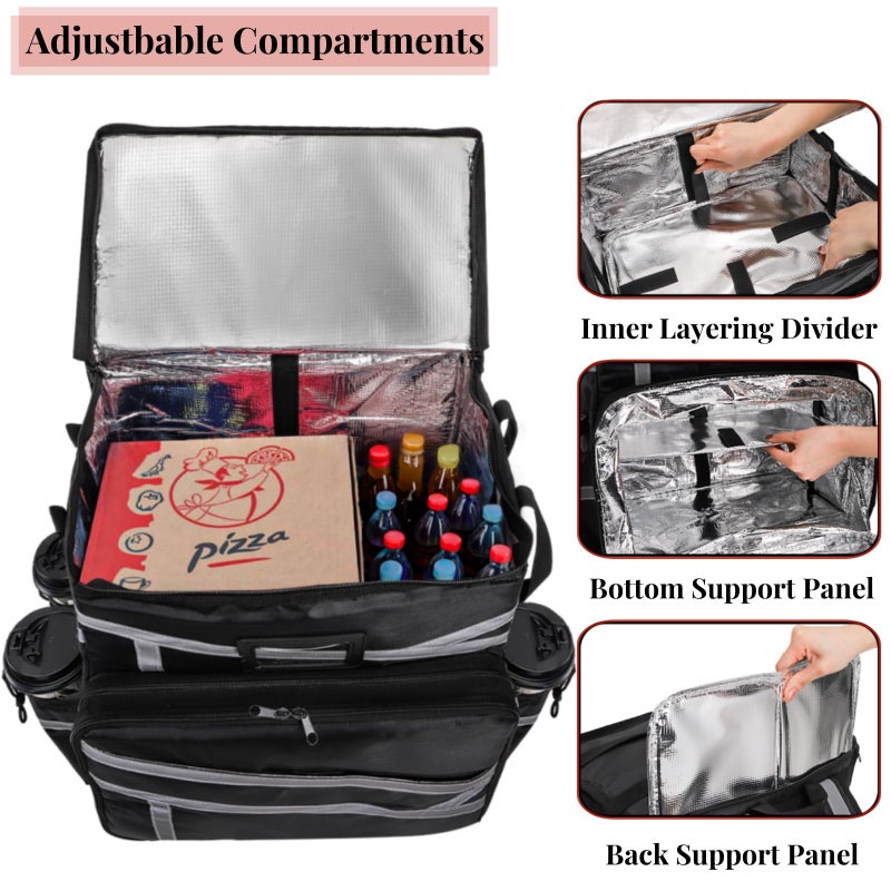 ZAVOOS Food Delivery Backpack, Expandable Insulated Pizza Bag with 4 Cup Holders, Large Waterproof Catering Bag with Reflective Strip Support Boards for Delivery Bike, Doordash - Image 4