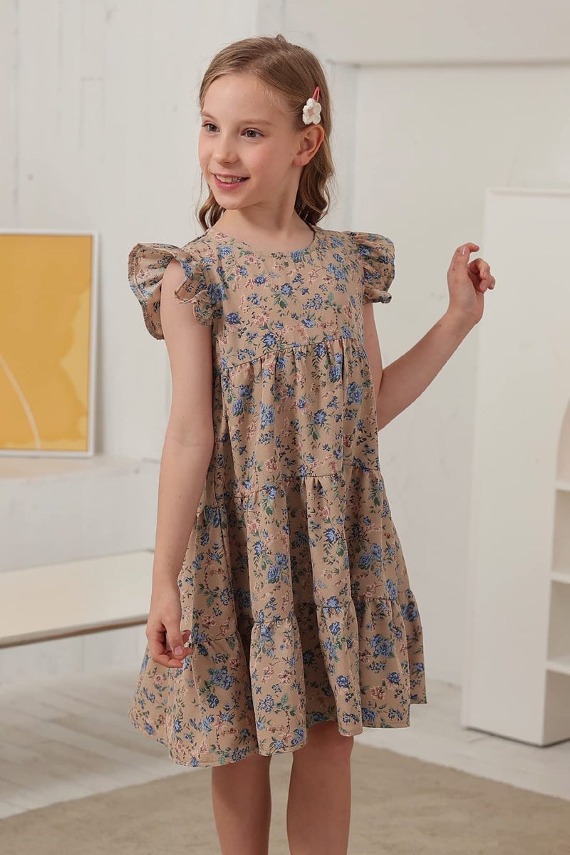 GORLYA Girls Floral Print Ruffle Sleeve Tiered Loose Fit Pleated Swing Midi Dress 4-14T (GOR1113,BrownPrint,10Y) - Image 3