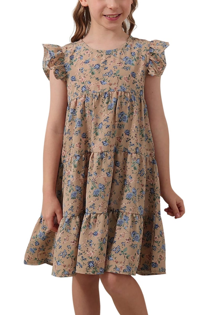 GORLYA Girls Floral Print Ruffle Sleeve Tiered Loose Fit Pleated Swing Midi Dress 4-14T (GOR1113,BrownPrint,10Y) - Image 1