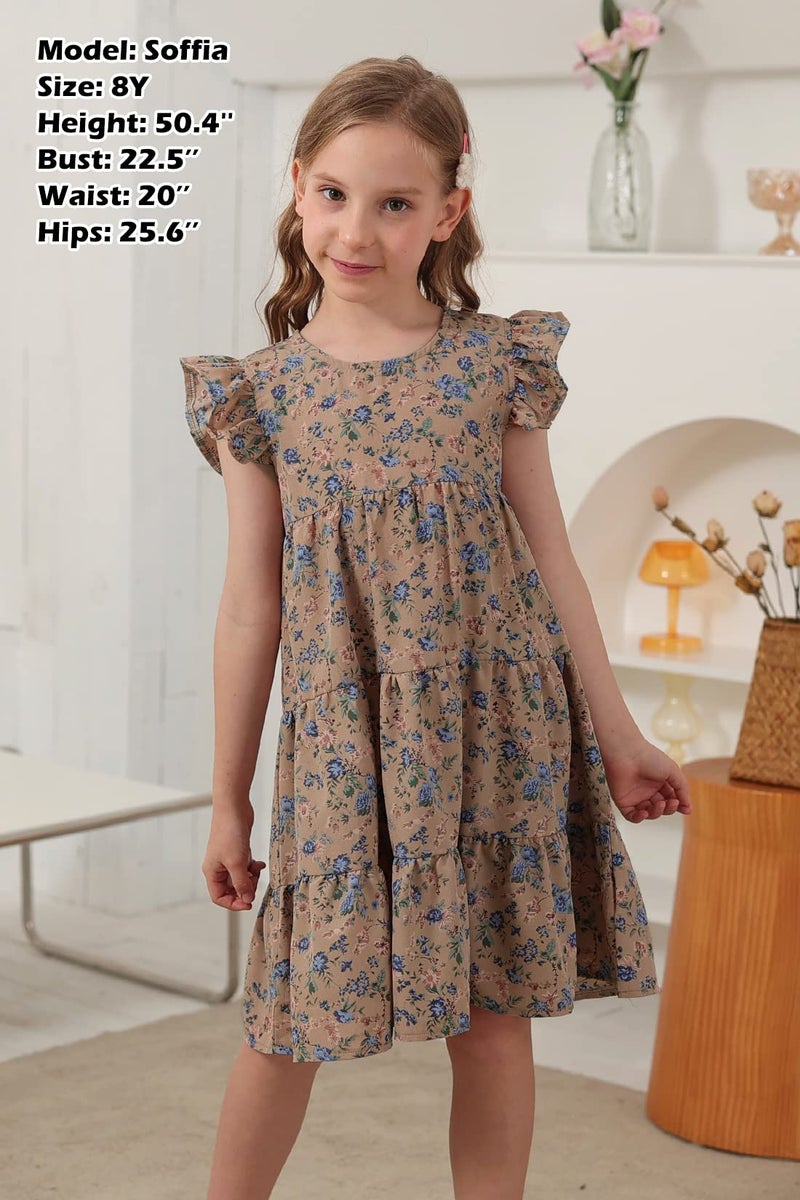 GORLYA Girls Floral Print Ruffle Sleeve Tiered Loose Fit Pleated Swing Midi Dress 4-14T (GOR1113,BrownPrint,10Y) - Image 4