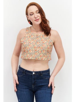 Eddie Bauer Women Scoop Neck Sleeveless Floral Crop Top, Beige Combo  - Image 1