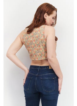Eddie Bauer Women Scoop Neck Sleeveless Floral Crop Top, Beige Combo  - Image 2