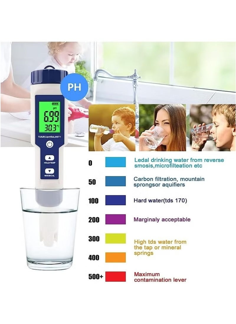5 in 1 PH Meter, Digital Water Quality Meter PH /TDS /EC /Salinity /Temp Meter for Water Tester, High Accuracy Water Testing Kits for Drinking Water, Pools, Fish Tank, and Hydroponics, with 3 PH Buffer Powders