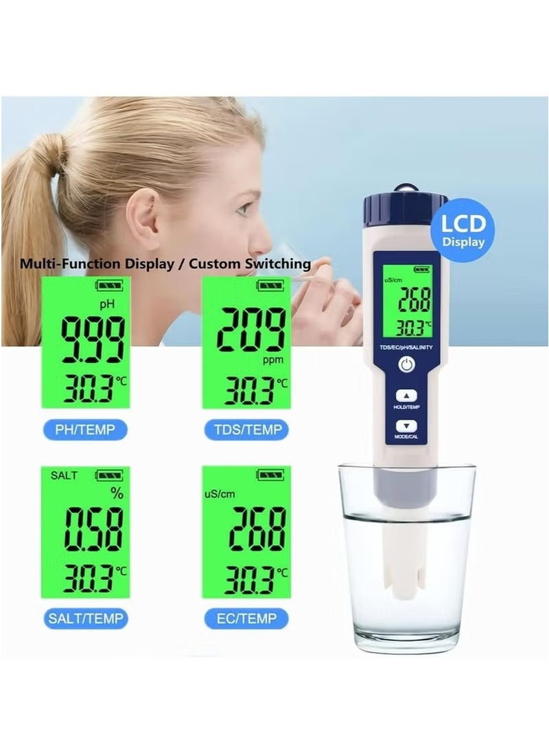 5 in 1 PH Meter, Digital Water Quality Meter PH /TDS /EC /Salinity /Temp Meter for Water Tester, High Accuracy Water Testing Kits for Drinking Water, Pools, Fish Tank, and Hydroponics, with 3 PH Buffer Powders
