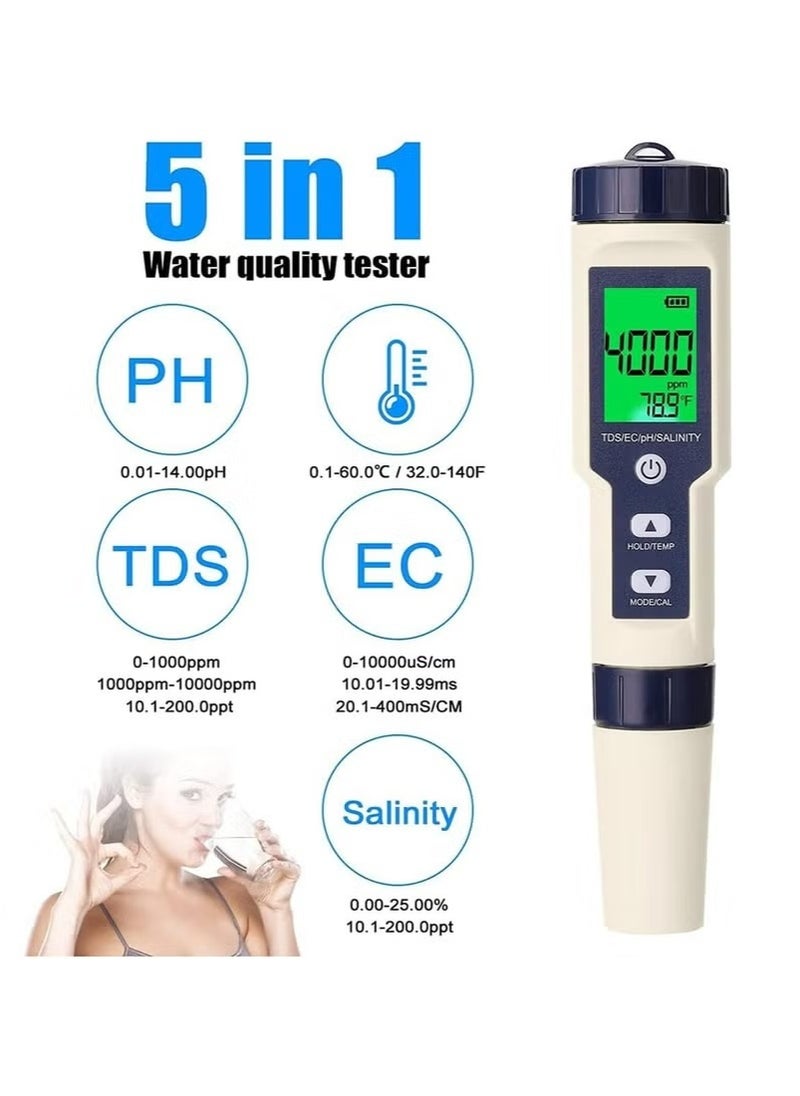 5 in 1 PH Meter, Digital Water Quality Meter PH /TDS /EC /Salinity /Temp Meter for Water Tester, High Accuracy Water Testing Kits for Drinking Water, Pools, Fish Tank, and Hydroponics, with 3 PH Buffer Powders