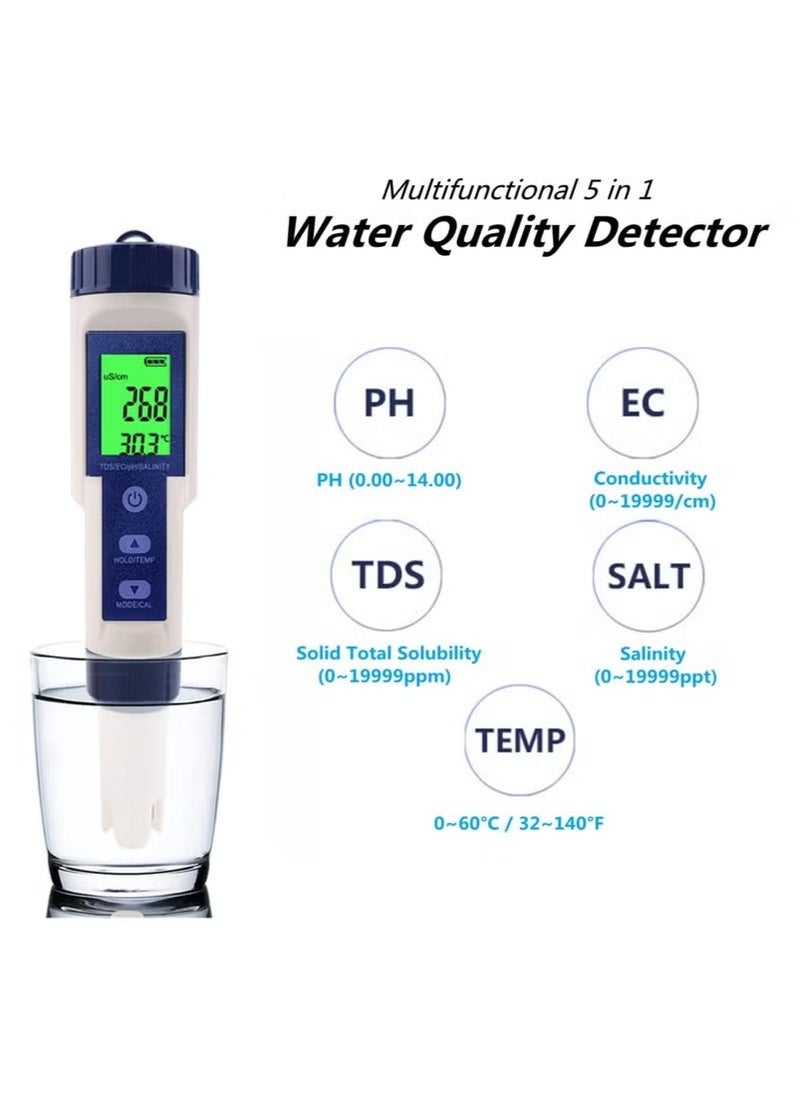 5 in 1 PH Meter, Digital Water Quality Meter PH /TDS /EC /Salinity /Temp Meter for Water Tester, High Accuracy Water Testing Kits for Drinking Water, Pools, Fish Tank, and Hydroponics, with 3 PH Buffer Powders