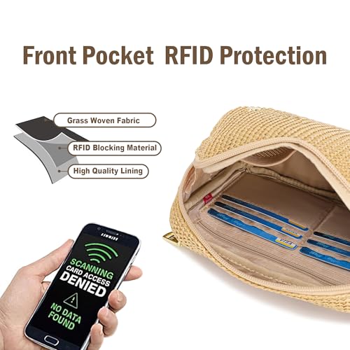 INICAT RFID Blocking Straw Summer Purses for Women 2025 Fanny Pack Crossbody Bags Belt Bag with Adjustable Strap(Boho Khaki) - Image 3