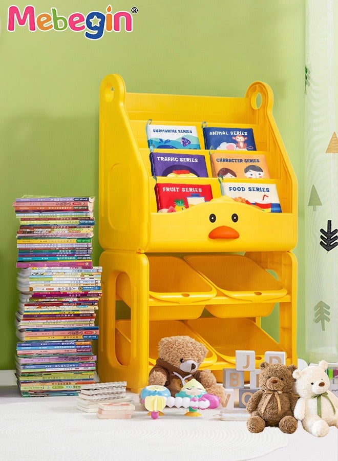 MEBEGIN Kids 6-tier Plastic Cartoon Bookcase with 6 Cloth Book and 4 Toys Storage Boxes, Simple Adorable Storage Shelf, Multifunctional Floor Standing Bookrack with Space-saving Design and Stable Structure, Children's Bedroom Furniture and Display - Image 4