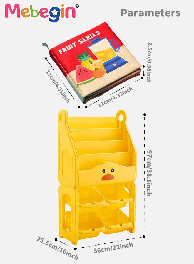 MEBEGIN Kids 6-tier Plastic Cartoon Bookcase with 6 Cloth Book and 4 Toys Storage Boxes, Simple Adorable Storage Shelf, Multifunctional Floor Standing Bookrack with Space-saving Design and Stable Structure, Children's Bedroom Furniture and Display - Image 2
