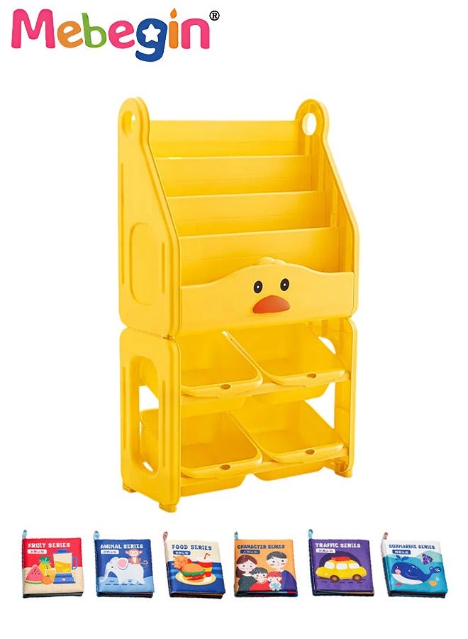 MEBEGIN Kids 6-tier Plastic Cartoon Bookcase with 6 Cloth Book and 4 Toys Storage Boxes, Simple Adorable Storage Shelf, Multifunctional Floor Standing Bookrack with Space-saving Design and Stable Structure, Children's Bedroom Furniture and Display - Image 3
