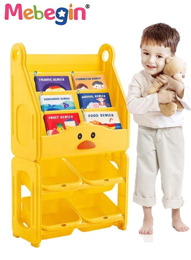 MEBEGIN Kids 6-tier Plastic Cartoon Bookcase with 6 Cloth Book and 4 Toys Storage Boxes, Simple Adorable Storage Shelf, Multifunctional Floor Standing Bookrack with Space-saving Design and Stable Structure, Children's Bedroom Furniture and Display - Image 1